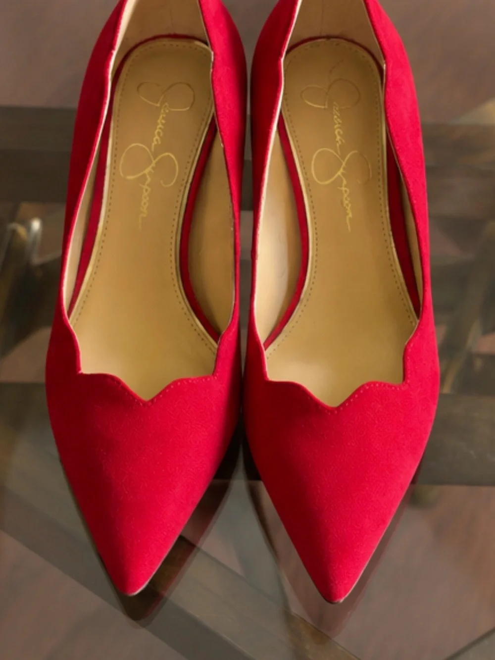 Jessica Simpson Red Scalloped Pointed-Toe Suede Pumps
